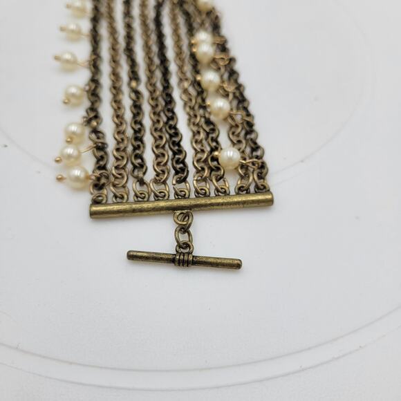 VTG Pinned Pearl Cuff Bracelet 8" Gold Tone White Beads Wide Toggle Closure - Picture 6 of 13